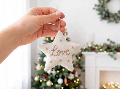 Hand Embroidered Christmas Star Ornament, Linen Love Keepsake, Gold Star Tree Decoration, Handmade Holiday Gifts, Minimalist Christmas Decor