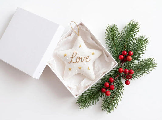 Hand Embroidered Christmas Star Ornament, Linen Love Keepsake, Gold Star Tree Decoration, Handmade Holiday Gifts, Minimalist Christmas Decor