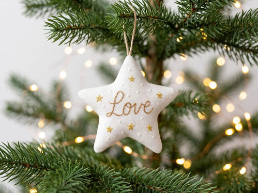 Hand Embroidered Christmas Star Ornament, Linen Love Keepsake, Gold Star Tree Decoration, Handmade Holiday Gifts, Minimalist Christmas Decor