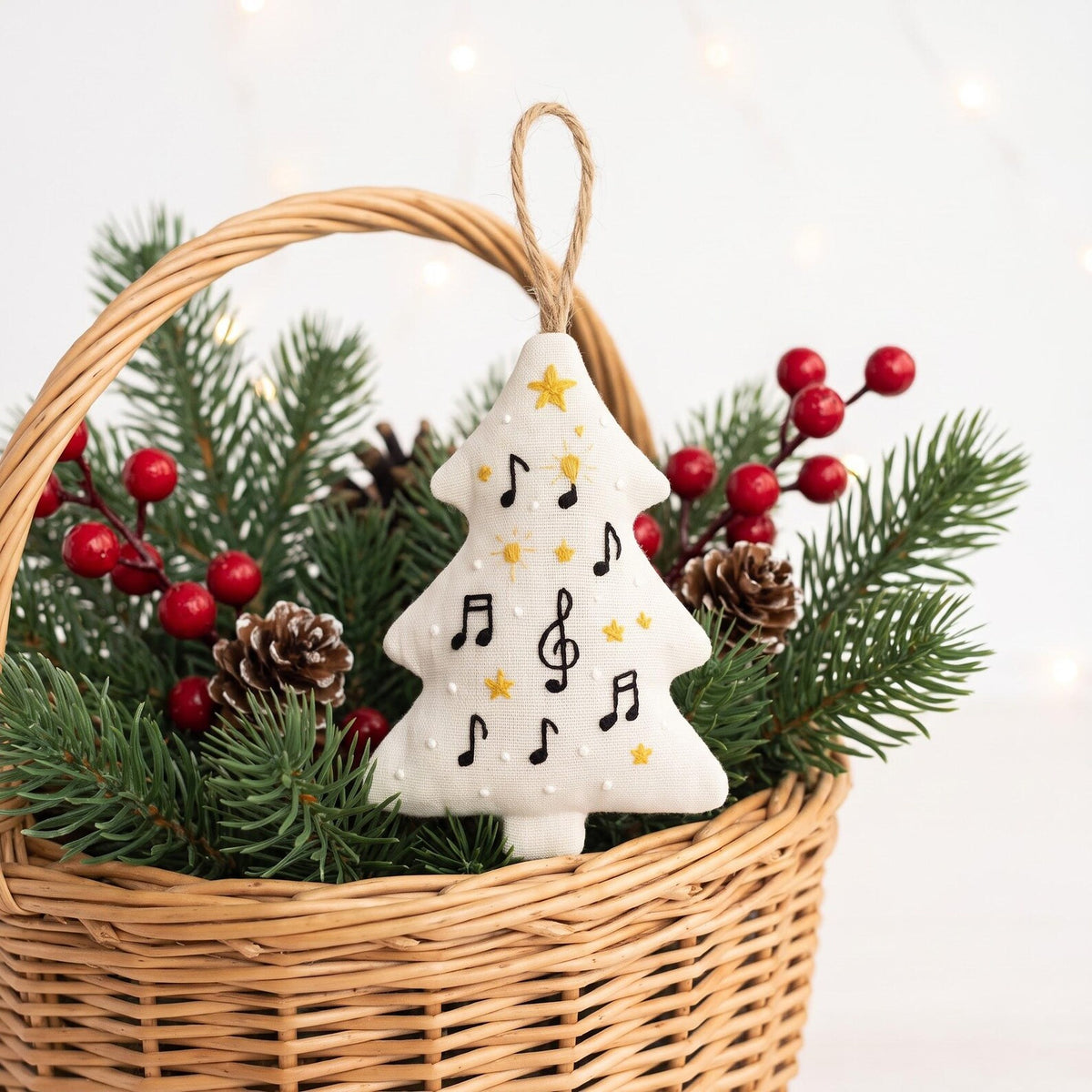 Hand Embroidered Christmas Tree Ornament, Musical Notes Linen Ornament, Music Lover Gifts, Music Teacher Christmas Gifts, Holiday Tree Decor