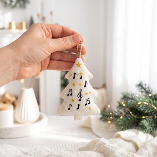 Hand Embroidered Christmas Tree Ornament, Musical Notes Linen Ornament, Music Lover Gifts, Music Teacher Christmas Gifts, Holiday Tree Decor