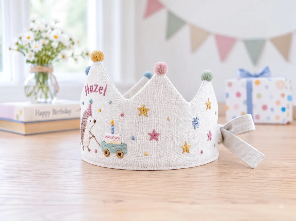 Personalized Hedgehog Birthday Crown, Hand Embroidered Linen Party Hat, Custom Name, Woodland Animal Birthday Hat, Kids Party Photo Prop