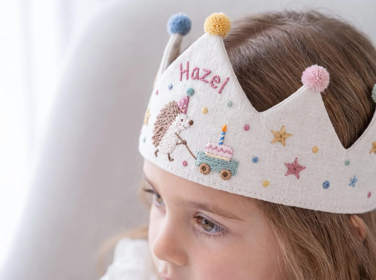 Personalized Hedgehog Birthday Crown, Hand Embroidered Linen Party Hat, Custom Name, Woodland Animal Birthday Hat, Kids Party Photo Prop
