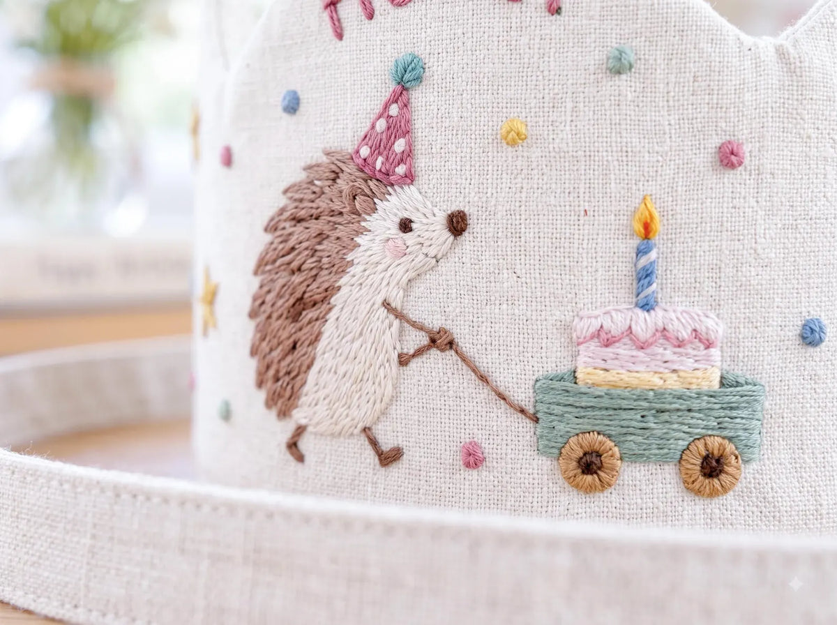 Personalized Hedgehog Birthday Crown, Hand Embroidered Linen Party Hat, Custom Name, Woodland Animal Birthday Hat, Kids Party Photo Prop