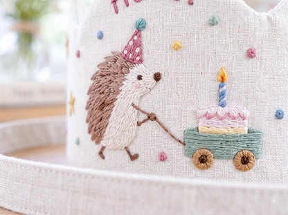 Personalized Hedgehog Birthday Crown, Hand Embroidered Linen Party Hat, Custom Name, Woodland Animal Birthday Hat, Kids Party Photo Prop