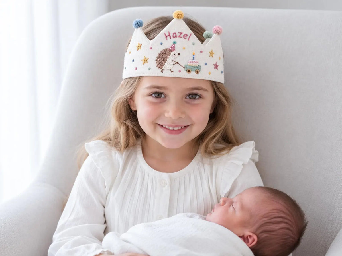 Personalized Hedgehog Birthday Crown, Hand Embroidered Linen Party Hat, Custom Name, Woodland Animal Birthday Hat, Kids Party Photo Prop