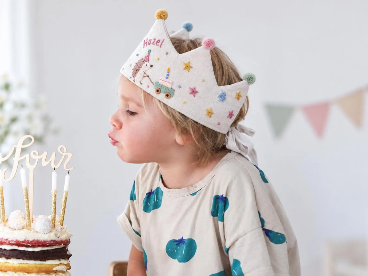 Personalized Hedgehog Birthday Crown, Hand Embroidered Linen Party Hat, Custom Name, Woodland Animal Birthday Hat, Kids Party Photo Prop