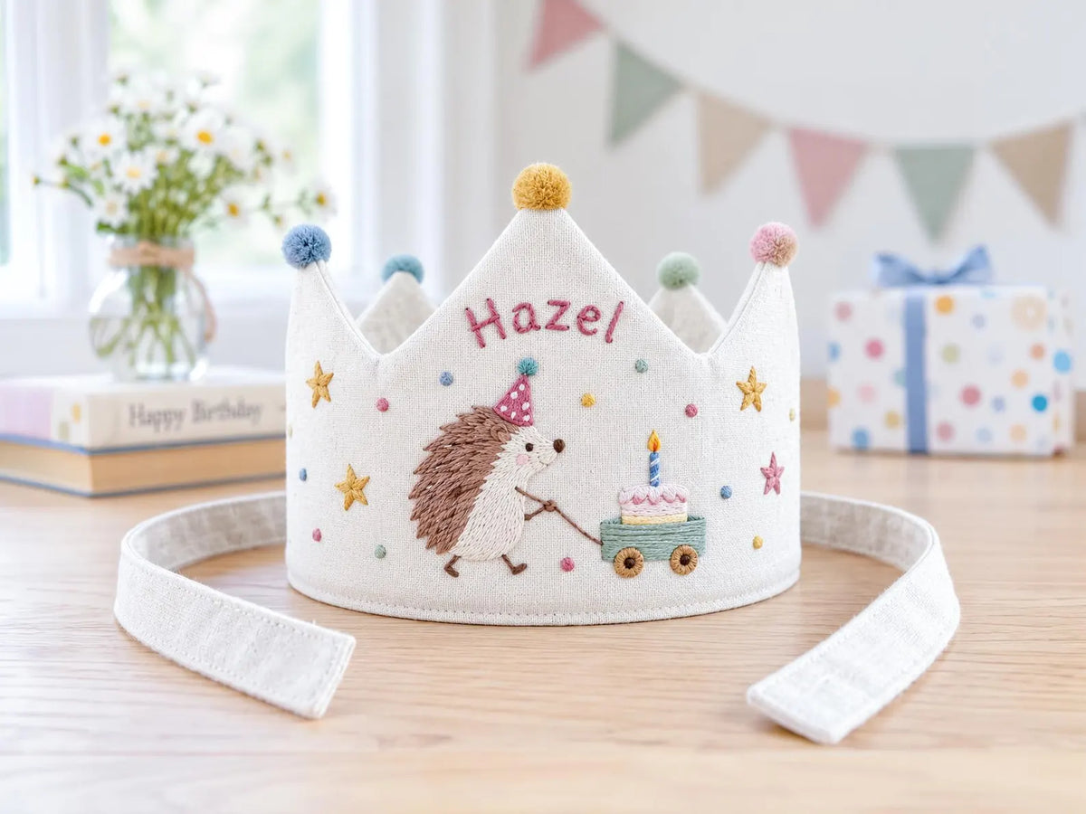 Personalized Hedgehog Birthday Crown, Hand Embroidered Linen Party Hat, Custom Name, Woodland Animal Birthday Hat, Kids Party Photo Prop