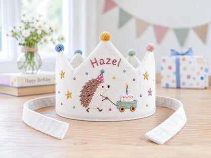 Personalized Hedgehog Birthday Crown, Hand Embroidered Linen Party Hat, Custom Name, Woodland Animal Birthday Hat, Kids Party Photo Prop