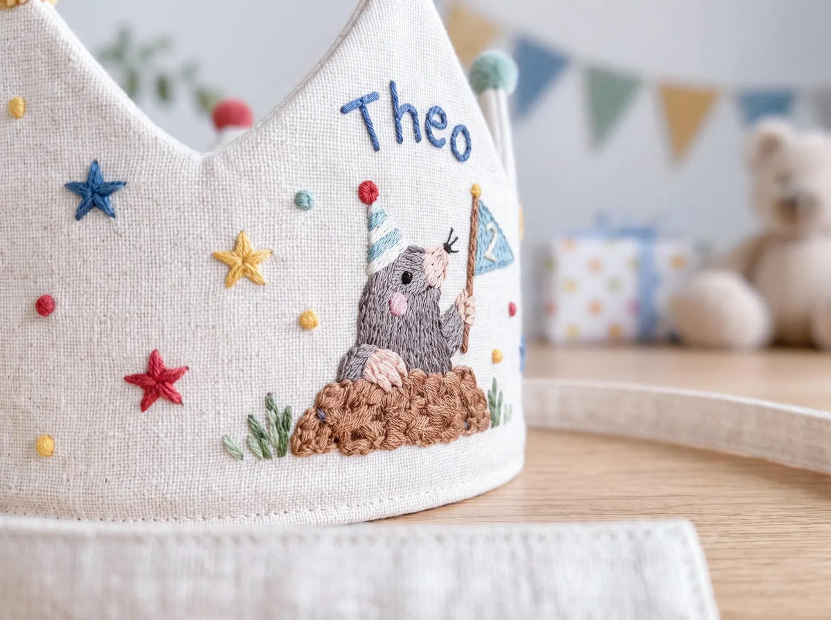 Personalized Mole Birthday Crown, Hand Embroidered Woodland Animal Party Hat, Custom Name and Age Linen Crown, 2nd Birthday Gift for Kids