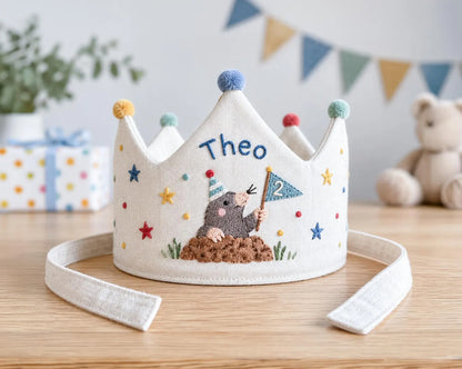 Personalized Mole Birthday Crown, Hand Embroidered Woodland Animal Party Hat, Custom Name and Age Linen Crown, 2nd Birthday Gift for Kids