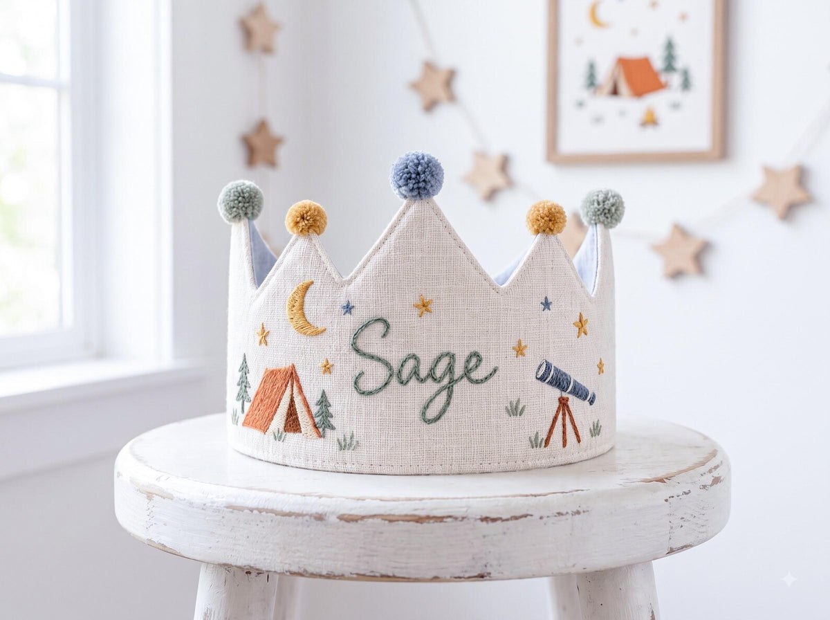 Personalized Camping Birthday Crown, Hand Embroidered Linen Party Hat, Custom Name, Moon and Stars Woodland Adventure Kids Birthday Crown