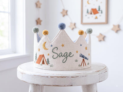 Personalized Camping Birthday Crown, Hand Embroidered Linen Party Hat, Custom Name, Moon and Stars Woodland Adventure Kids Birthday Crown