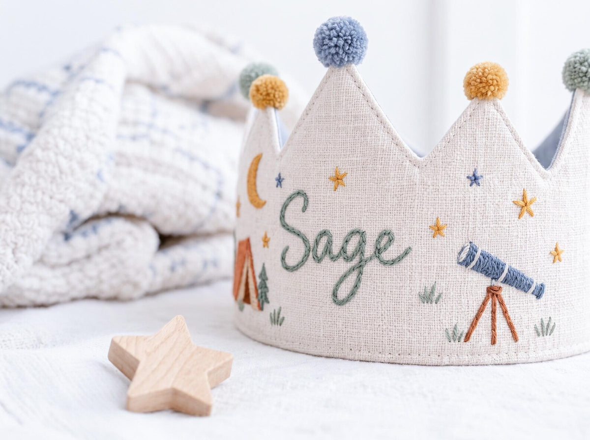 Personalized Camping Birthday Crown, Hand Embroidered Linen Party Hat, Custom Name, Moon and Stars Woodland Adventure Kids Birthday Crown