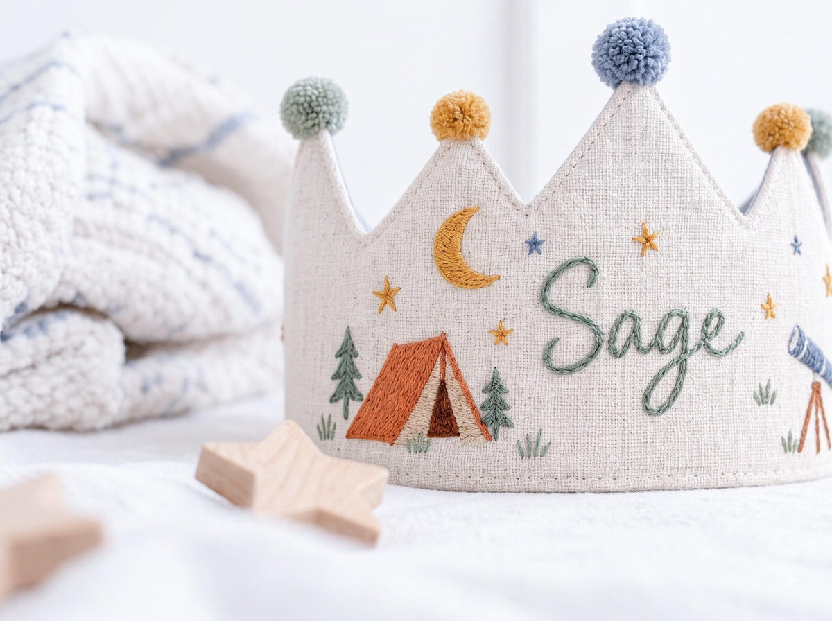 Personalized Camping Birthday Crown, Hand Embroidered Linen Party Hat, Custom Name, Moon and Stars Woodland Adventure Kids Birthday Crown