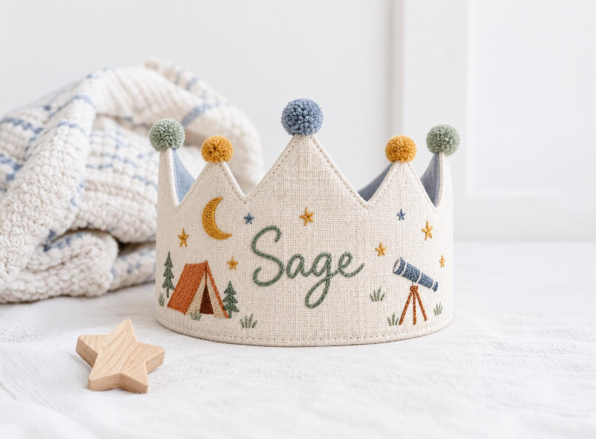 Personalized Camping Birthday Crown, Hand Embroidered Linen Party Hat, Custom Name, Moon and Stars Woodland Adventure Kids Birthday Crown