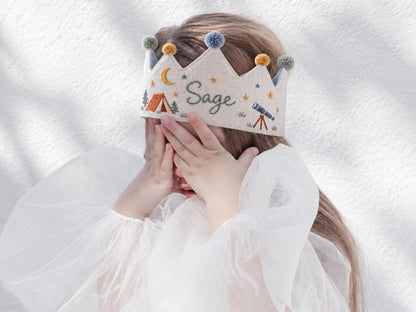 Personalized Camping Birthday Crown, Hand Embroidered Linen Party Hat, Custom Name, Moon and Stars Woodland Adventure Kids Birthday Crown