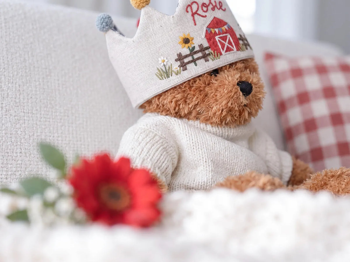 Personalized Farm Birthday Crown, Hand Embroidered Red Barn Linen Party Hat, Custom Name and Age, Farm Animal 2nd Birthday Party Photo Prop