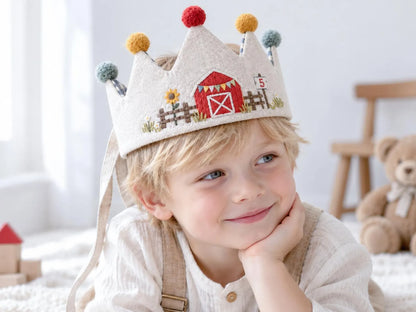Personalized Farm Birthday Crown, Hand Embroidered Red Barn Linen Party Hat, Custom Name and Age, Farm Animal 2nd Birthday Party Photo Prop