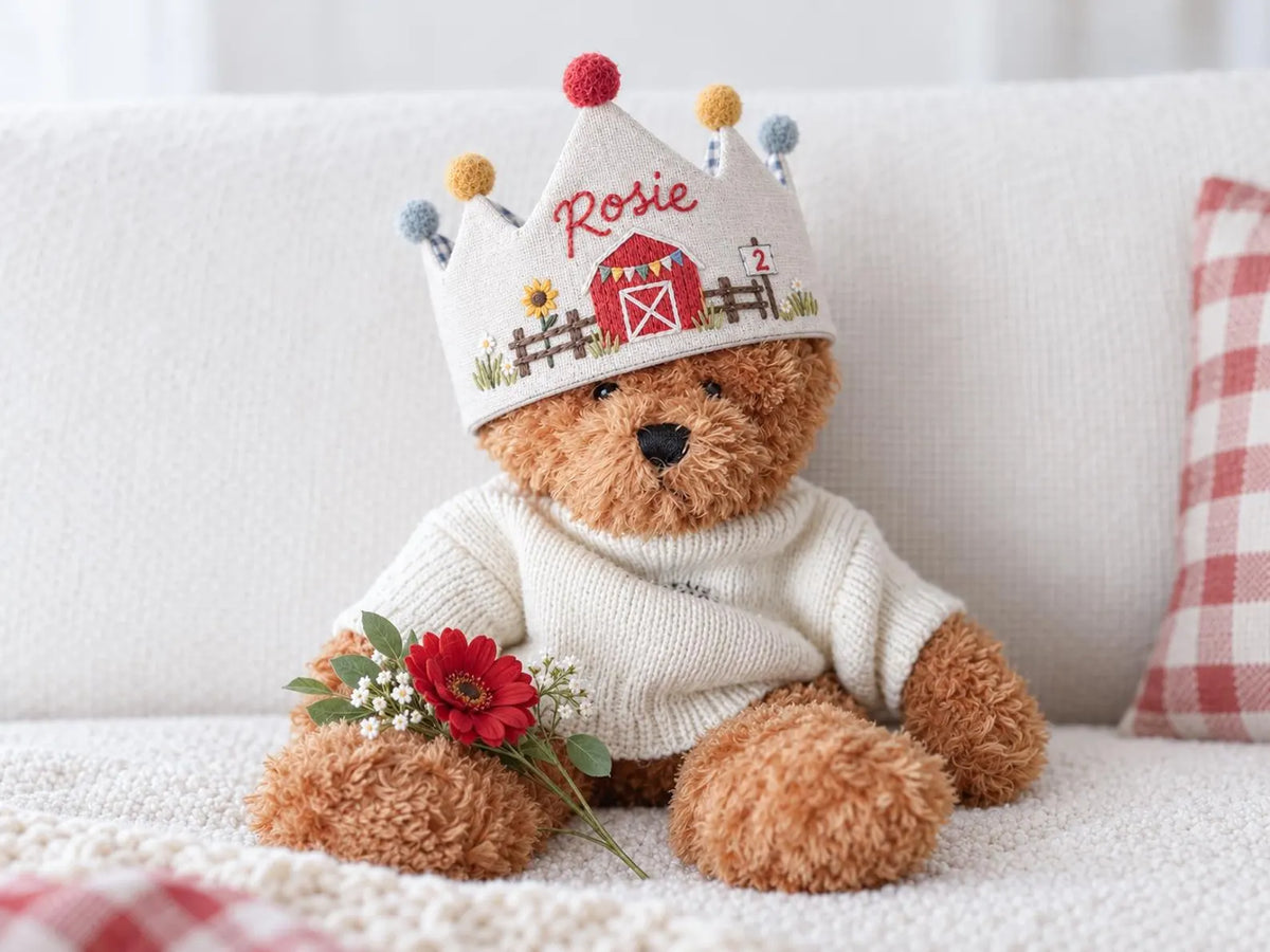 Personalized Farm Birthday Crown, Hand Embroidered Red Barn Linen Party Hat, Custom Name and Age, Farm Animal 2nd Birthday Party Photo Prop