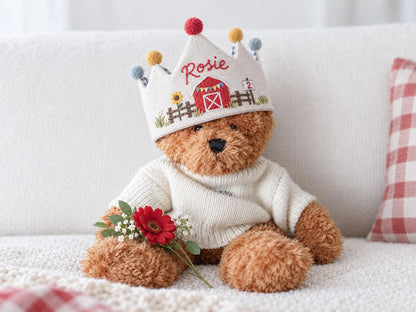 Personalized Farm Birthday Crown, Hand Embroidered Red Barn Linen Party Hat, Custom Name and Age, Farm Animal 2nd Birthday Party Photo Prop