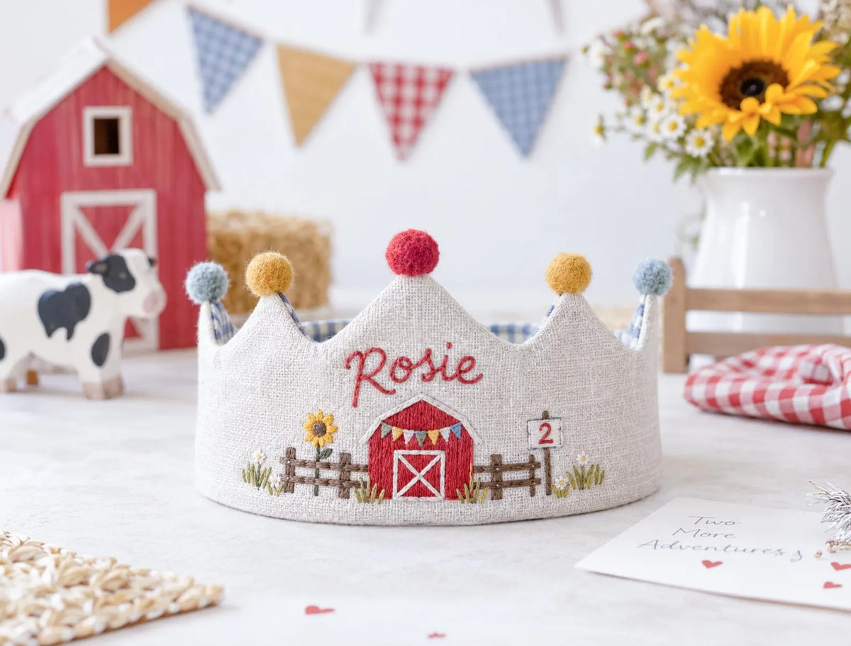 Personalized Farm Birthday Crown, Hand Embroidered Red Barn Linen Party Hat, Custom Name and Age, Farm Animal 2nd Birthday Party Photo Prop