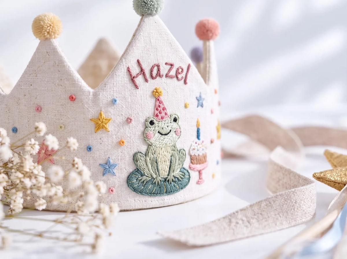 Personalized Frog Birthday Crown, Hand Embroidered Linen Party Hat, Custom Name, Cute Frog First Birthday Crown, Woodland Kids Birthday Gift