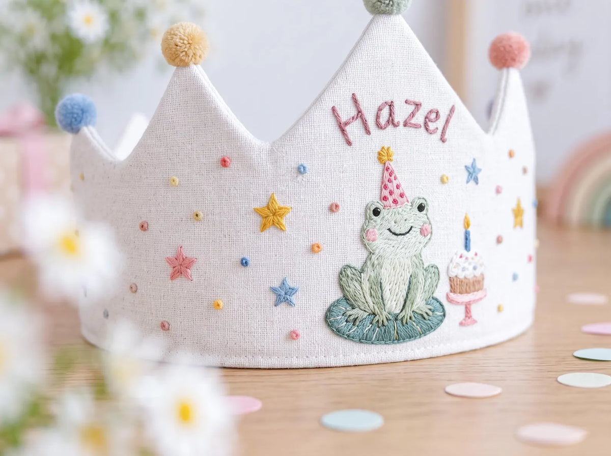 Personalized Frog Birthday Crown, Hand Embroidered Linen Party Hat, Custom Name, Cute Frog First Birthday Crown, Woodland Kids Birthday Gift