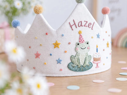 Personalized Frog Birthday Crown, Hand Embroidered Linen Party Hat, Custom Name, Cute Frog First Birthday Crown, Woodland Kids Birthday Gift