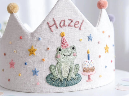 Personalized Frog Birthday Crown, Hand Embroidered Linen Party Hat, Custom Name, Cute Frog First Birthday Crown, Woodland Kids Birthday Gift