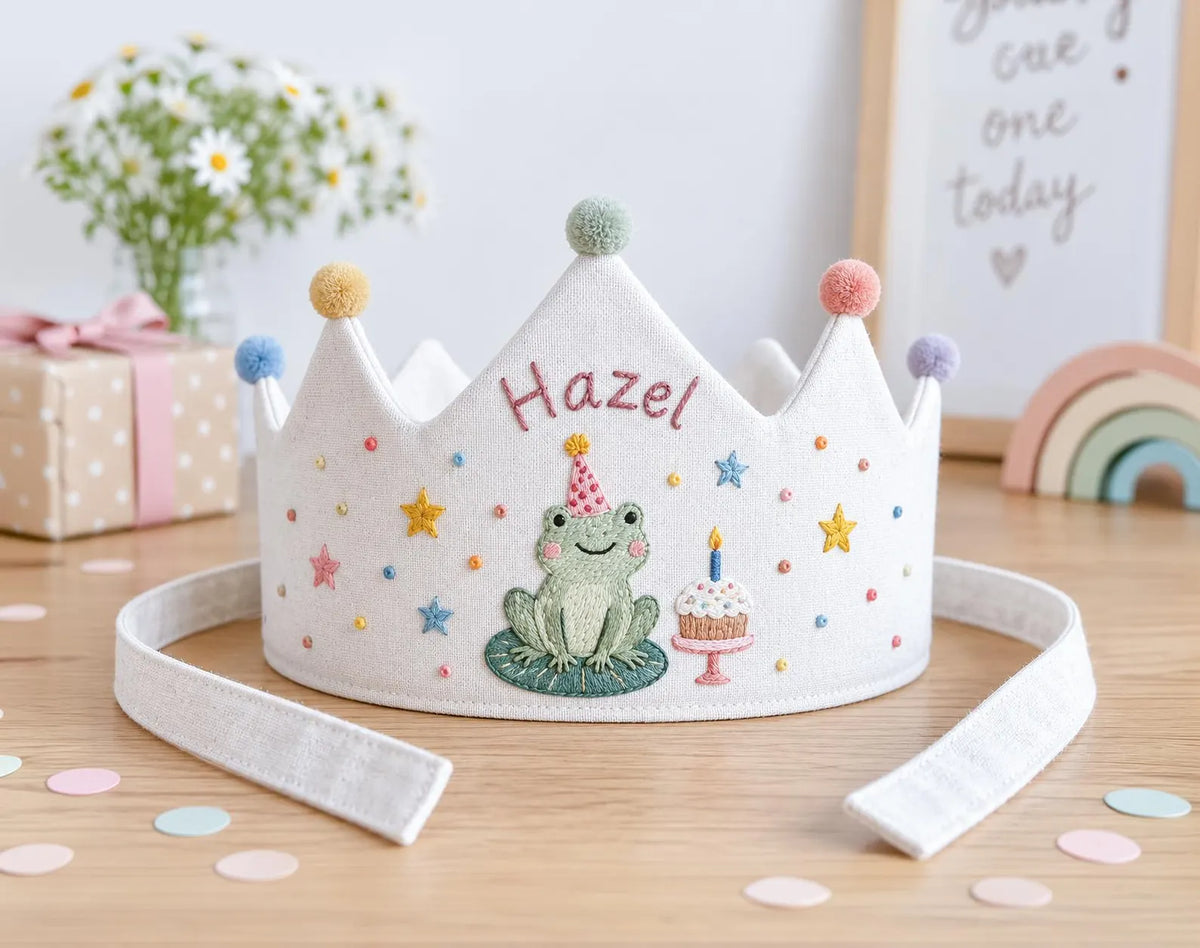 Personalized Frog Birthday Crown, Hand Embroidered Linen Party Hat, Custom Name, Cute Frog First Birthday Crown, Woodland Kids Birthday Gift