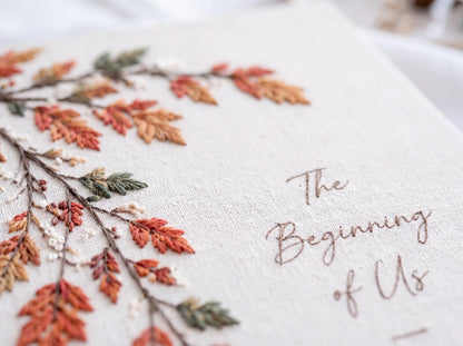 Personalized Fall Wedding Guest Book, Hand Embroidered Autumn Leaves Linen Guestbook, Custom Wedding Date, Rustic Bridal Keepsake
