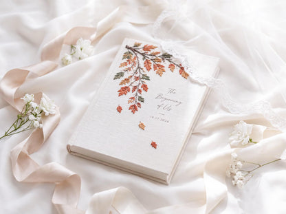 Personalized Fall Wedding Guest Book, Hand Embroidered Autumn Leaves Linen Guestbook, Custom Wedding Date, Rustic Bridal Keepsake
