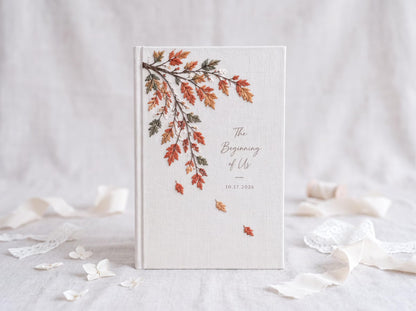Personalized Fall Wedding Guest Book, Hand Embroidered Autumn Leaves Linen Guestbook, Custom Wedding Date, Rustic Bridal Keepsake