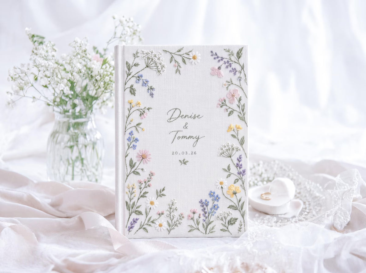 Personalized Wildflower Wedding Guest Book, Hand Embroidered Floral Linen Guestbook, Custom Names and Date, Botanical Wedding Keepsake