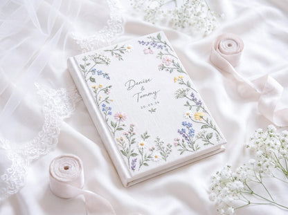 Personalized Wildflower Wedding Guest Book, Hand Embroidered Floral Linen Guestbook, Custom Names and Date, Botanical Wedding Keepsake