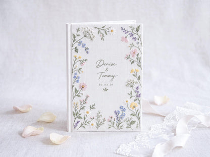 Personalized Wildflower Wedding Guest Book, Hand Embroidered Floral Linen Guestbook, Custom Names and Date, Botanical Wedding Keepsake
