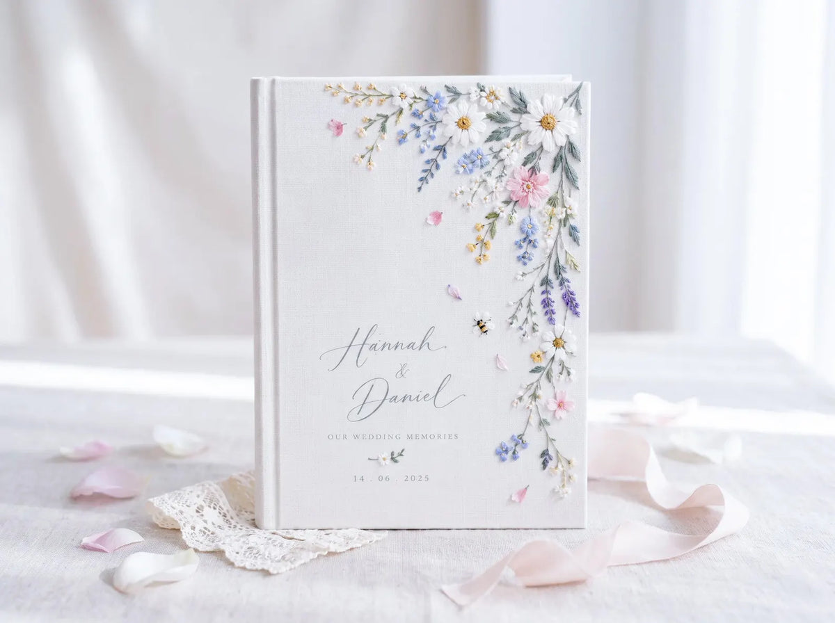 Personalized Wildflower Wedding Guest Book, Hand Embroidered Daisy Floral Linen Memory Book, Custom Names and Date, Garden Wedding Keepsake