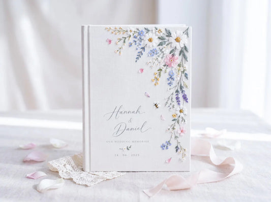 Personalized Wildflower Wedding Guest Book, Hand Embroidered Daisy Floral Linen Memory Book, Custom Names and Date, Garden Wedding Keepsake