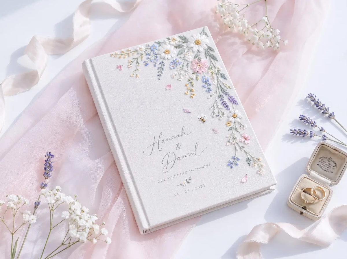 Personalized Wildflower Wedding Guest Book, Hand Embroidered Daisy Floral Linen Memory Book, Custom Names and Date, Garden Wedding Keepsake