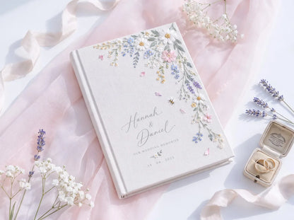 Personalized Wildflower Wedding Guest Book, Hand Embroidered Daisy Floral Linen Memory Book, Custom Names and Date, Garden Wedding Keepsake