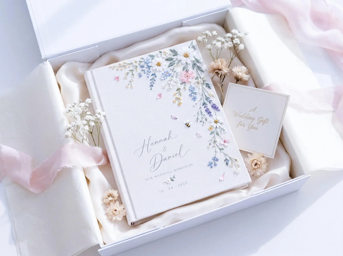 Personalized Wildflower Wedding Guest Book, Hand Embroidered Daisy Floral Linen Memory Book, Custom Names and Date, Garden Wedding Keepsake