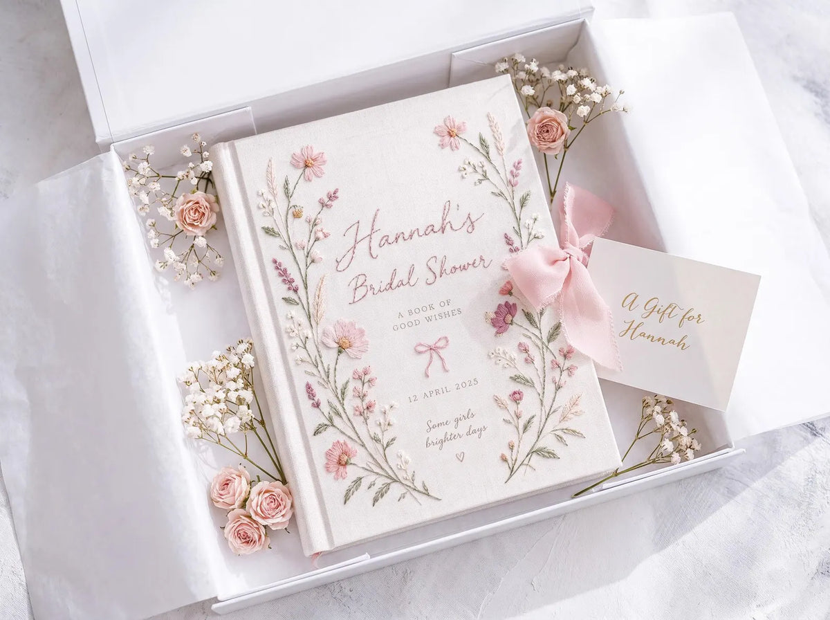 Personalized Bridal Shower Guest Book, Hand Embroidered Pink Wildflower Linen Keepsake, Custom Bride Name and Date, Bridal Shower Gift