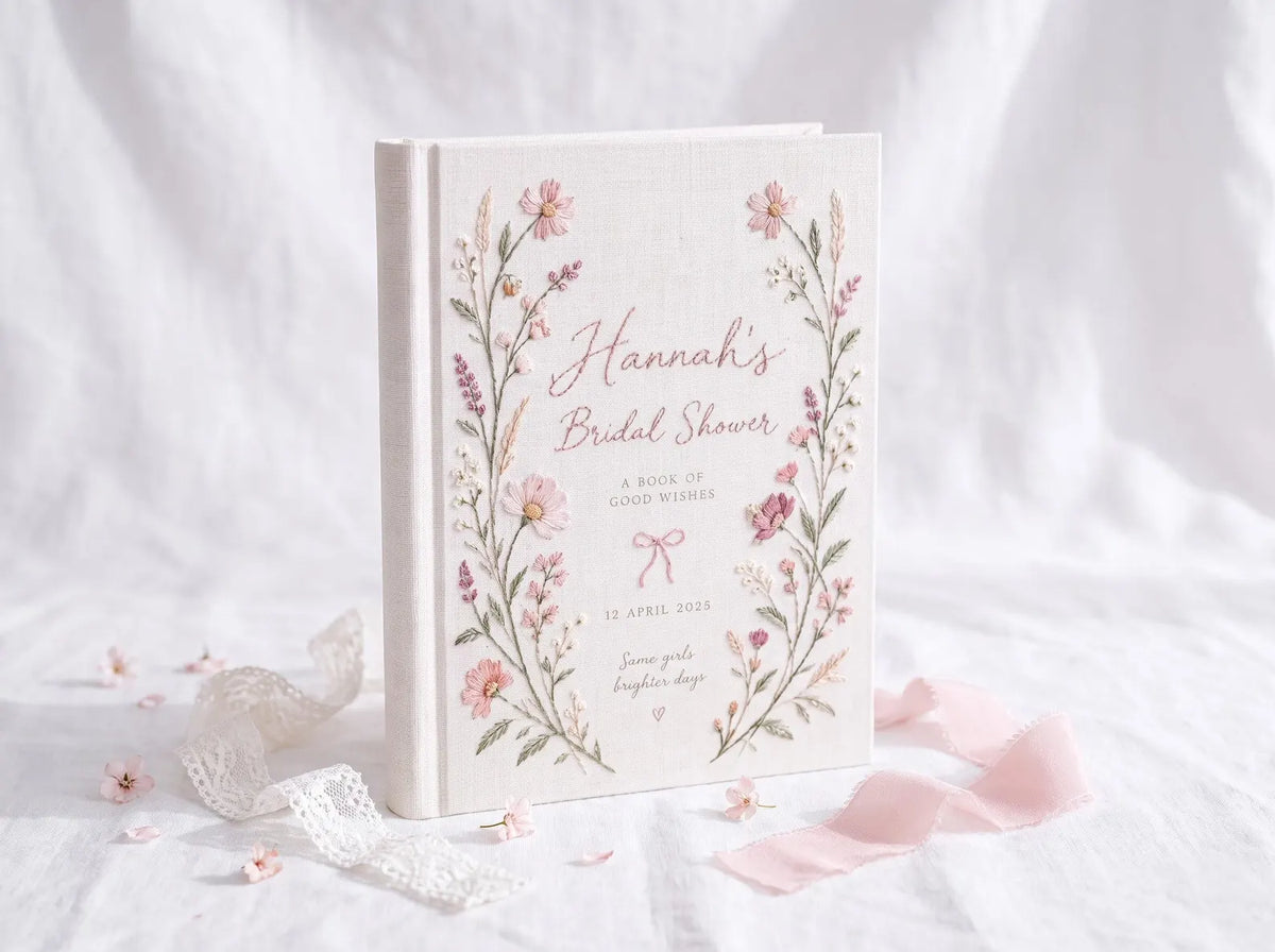 Personalized Bridal Shower Guest Book, Hand Embroidered Pink Wildflower Linen Keepsake, Custom Bride Name and Date, Bridal Shower Gift