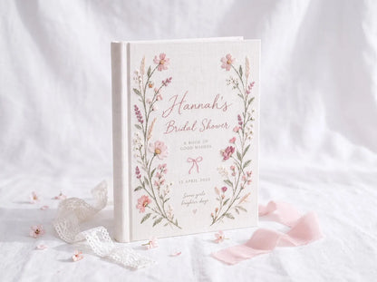 Personalized Bridal Shower Guest Book, Hand Embroidered Pink Wildflower Linen Keepsake, Custom Bride Name and Date, Bridal Shower Gift
