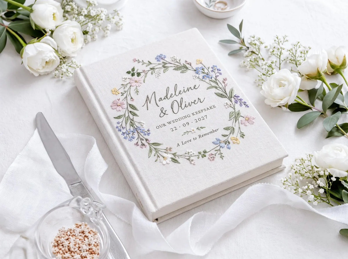 Personalized Wildflower Wedding Guest Book, Hand Embroidered Floral Wreath Linen Guestbook, Custom Names and Date, Garden Wedding Keepsake