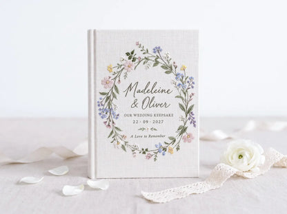 Personalized Wildflower Wedding Guest Book, Hand Embroidered Floral Wreath Linen Guestbook, Custom Names and Date, Garden Wedding Keepsake