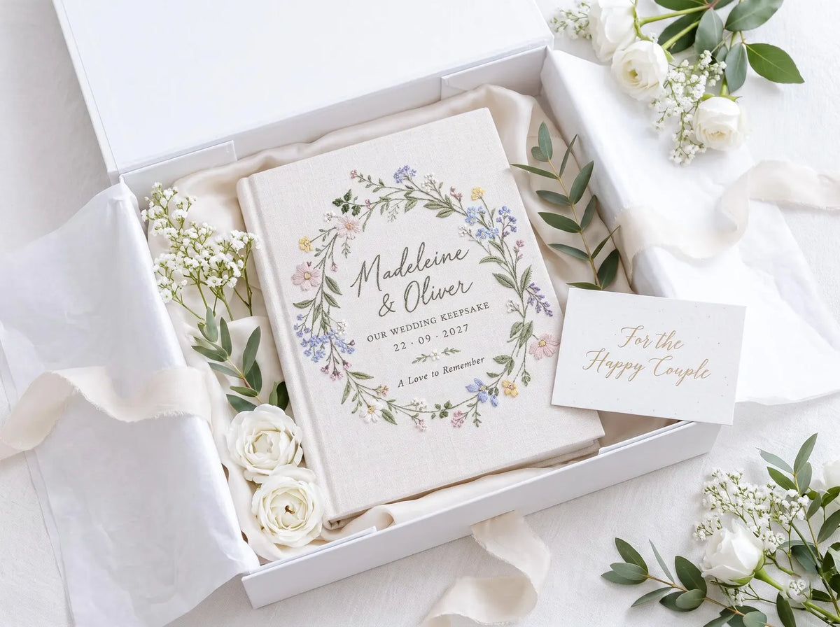 Personalized Wildflower Wedding Guest Book, Hand Embroidered Floral Wreath Linen Guestbook, Custom Names and Date, Garden Wedding Keepsake
