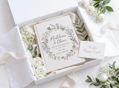 Personalized Wildflower Wedding Guest Book, Hand Embroidered Floral Wreath Linen Guestbook, Custom Names and Date, Garden Wedding Keepsake