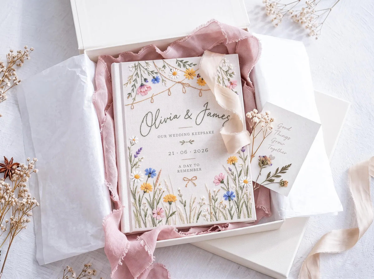 Wildflower Meadow Wedding Guest Book, Hand Embroidered Floral Garland Linen Cover, Daisy and Lavender Garden Design, Custom Names and Date